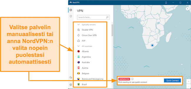 NordVPN-palvelinluettelon kuvakaappaus