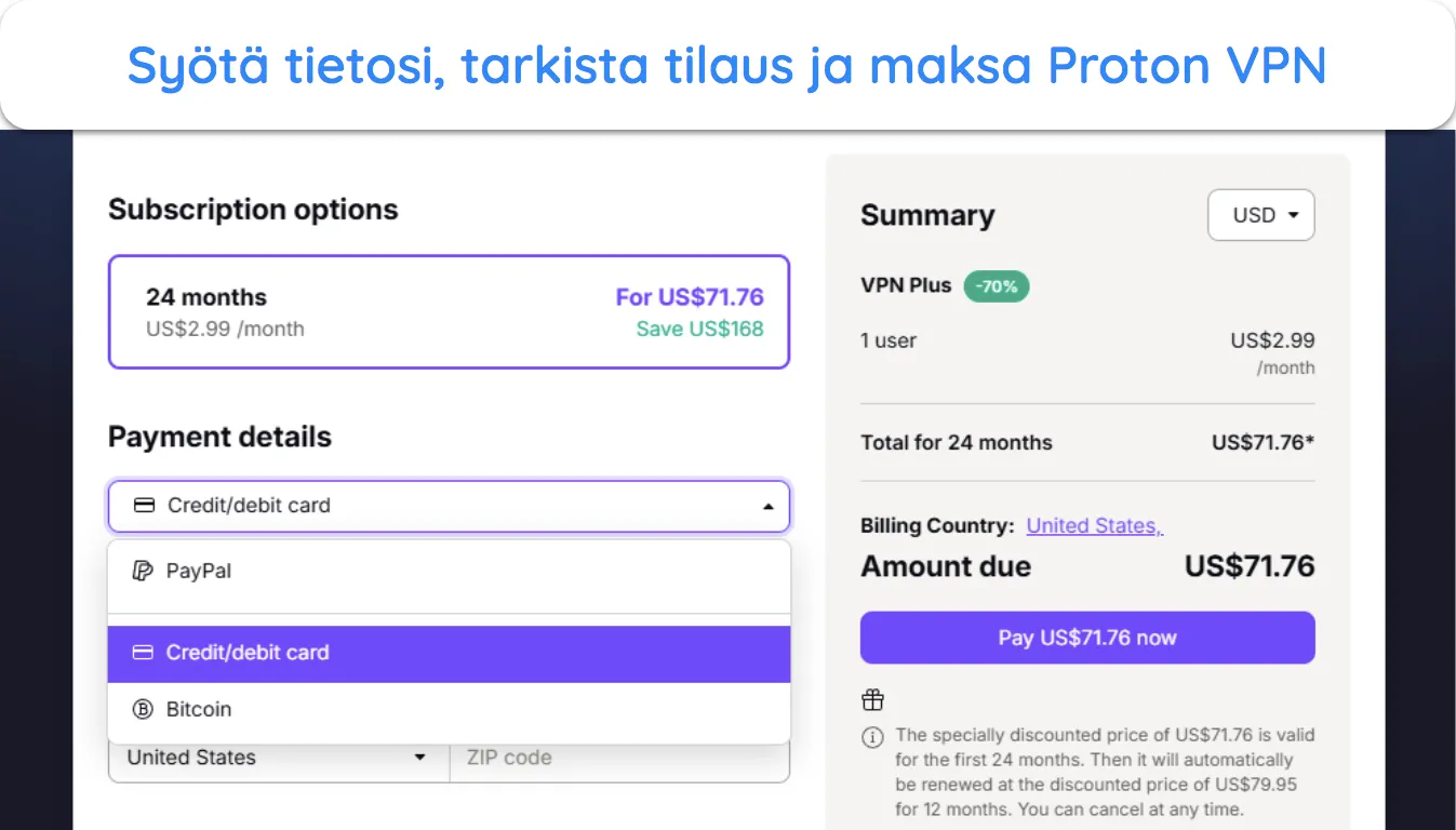 kuva Proton VPN:n verkkosivustosta, jossa näkyy tilauksen tarkistus ja maksuvaihtoehdot.