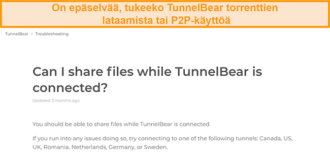 Näyttökuva TunnelBearin tiedostojen jakamista koskevasta vianetsintäsivusta