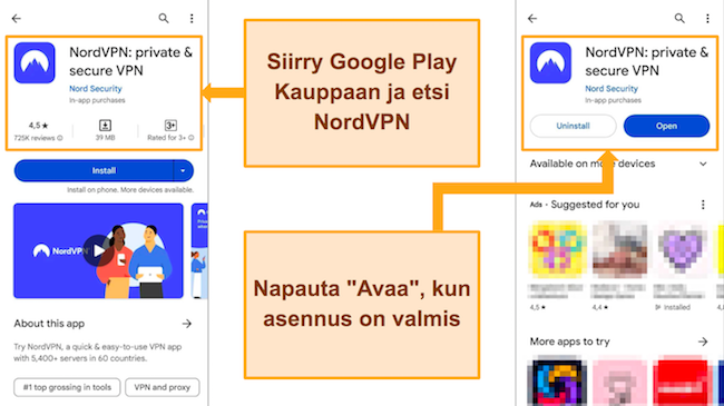 Kuvakaappaus NordVPN-sovelluksesta, jota ladataan Google Play Kaupasta
