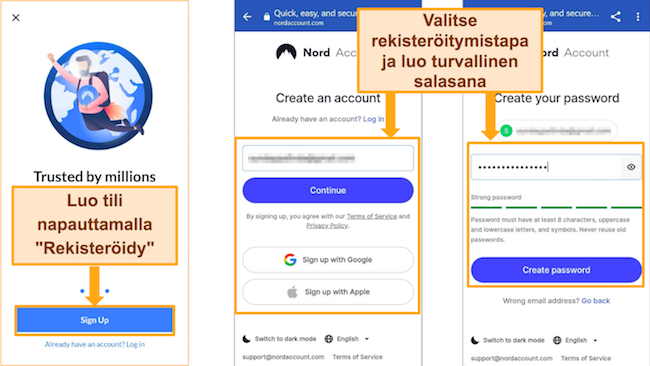 Kuvakaappaus NordVPN-tilin rekisteröitymisestä Android-puhelimella