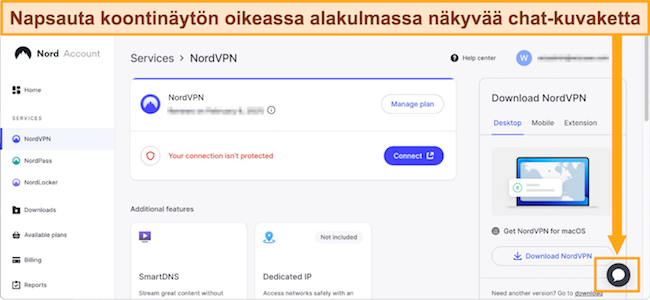 Näyttökaappaus NordVPN:n chat-kuvakkeesta kojelaudassa