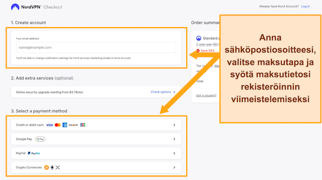 Kuvakaappaus NordVPN:n kassanäytöstä työpöydällä