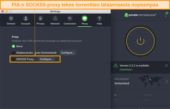 Näyttökuva PIA-sovelluksen käyttöliittymästä, jossa näkyy SOCKS5-välityspalvelinasetus asetuksissa