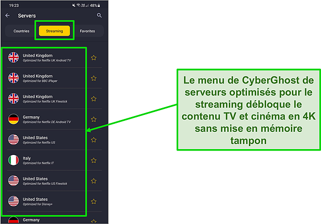 Capture d'écran des serveurs optimisés pour le streaming dans l'application Android de CyberGhost.