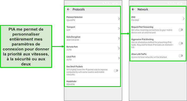 Capture d'écran des paramètres de sécurité de PIA sur Android.