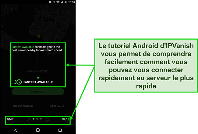 Capture d'écran du tutoriel d'introduction d'IPVanish sur Android.
