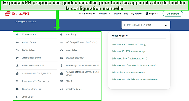 Capture d'écran du centre de support d'ExpressVPN sur son site Web, montrant les guides de configuration pour tous les appareils pris en charge.
