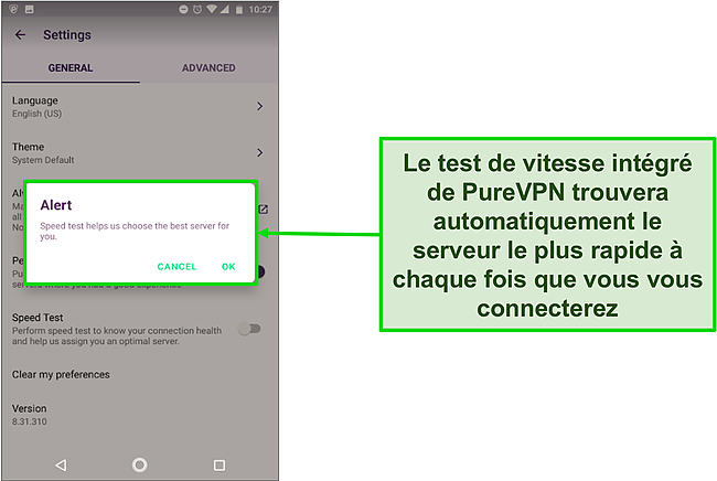 Capture d'écran du message d'alerte Speed Test dans l'application Android de PureVPN.