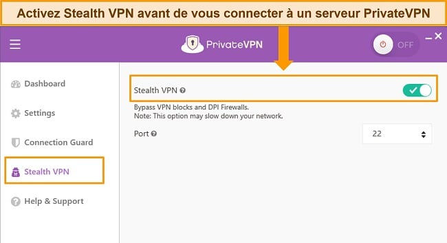 Capture d'écran de l'application Windows de PrivateVPN mettant en évidence la fonction Stealth VPN