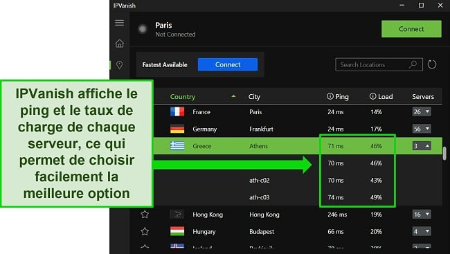 Capture d'écran de l'application Windows d'IPVanish, montrant le menu des serveurs individuels et mettant en évidence le ping et la charge utilisateur des serveurs