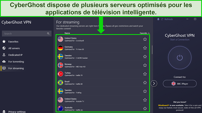 Capture d'écran de l'application Windows de CyberGhost avec le menu du serveur de streaming optimisé ouvert et mis en surbrillance pour afficher différentes options de serveur