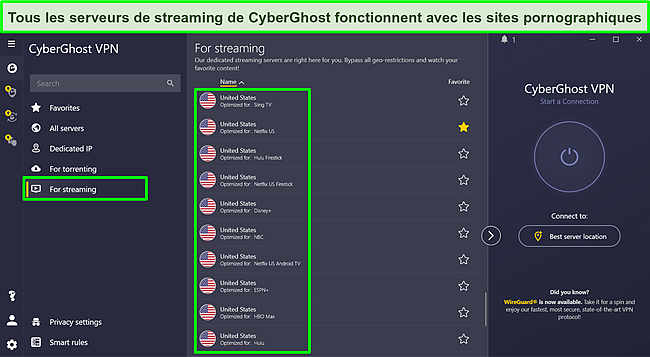 Capture d'écran des serveurs optimisés pour le streaming de CyberGhost.