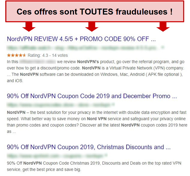 Résultats Google montrant de fausses remises NordVPN