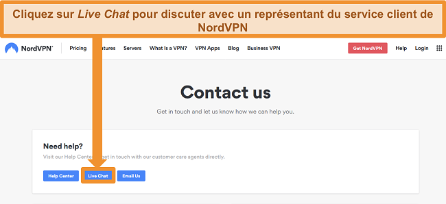 Capture d'écran de la page Contactez-nous de NordVPN montrant le bouton Live Chat