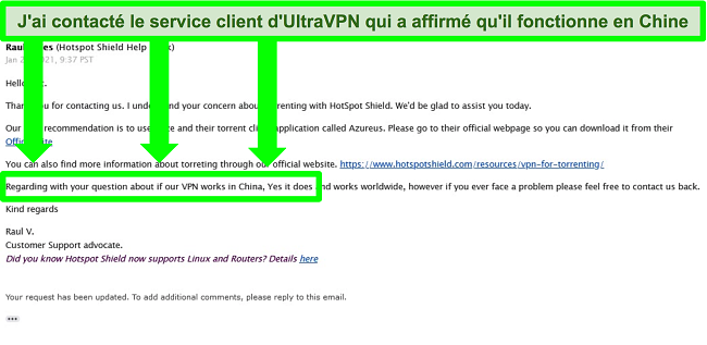 Capture d'écran d'un échange d'e-mails avec le support UltraVPN concernant le torrent et si le VPN fonctionne en Chine