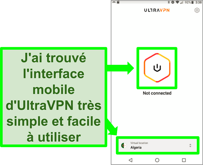 Capture d'écran de l'interface utilisateur d'UltraVPN sur Android