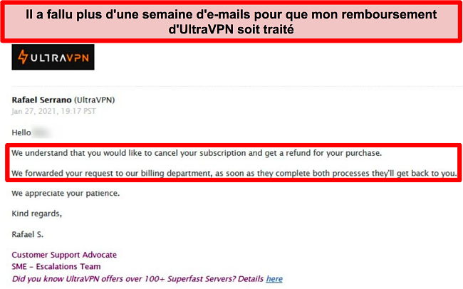 Capture d'écran d'un e-mail du support UltraVPN indiquant que ma demande de remboursement est toujours en cours de traitement