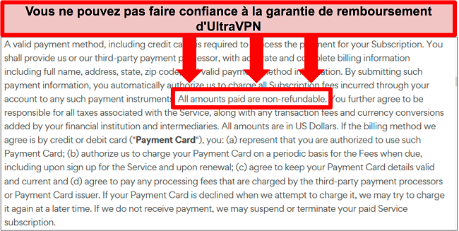 Capture d'écran de la politique de remboursement d'UltraVPN indiquant que les plans ne sont pas remboursables