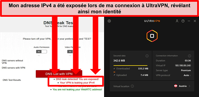 Capture d'écran d'un test de fuite IPv6 échoué alors qu'UltraVPN est connecté à un serveur en Autriche