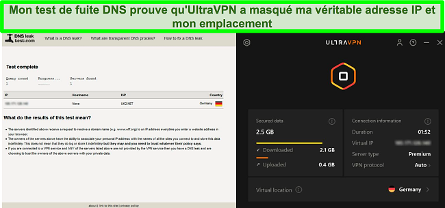 Capture d'écran d'un test de fuite DNS réussi alors qu'UltraVPN est connecté à un serveur en Allemagne