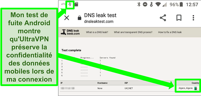 Capture d'écran d'un test de fuite DNS réussi alors qu'UltraVPN sur Android est connecté à un serveur en Algérie