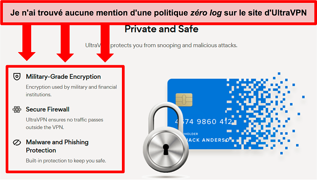 Capture d'écran de la section « Privé et sécurisé » du site Web d'UltraVPN