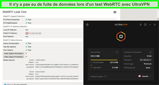 Capture d'écran d'un résultat de test WebRTC réussi alors qu'UltraVPN est connecté à un serveur en Autriche