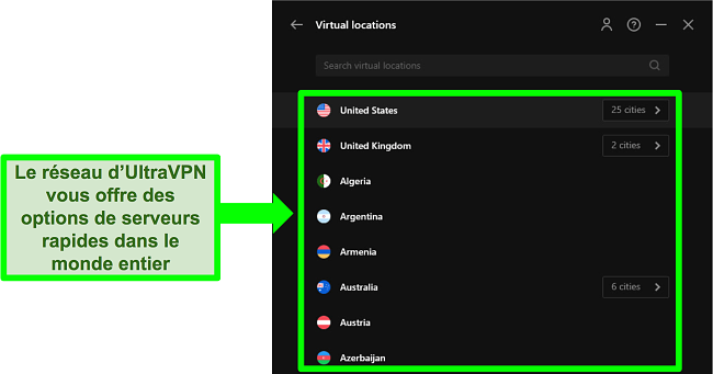 Capture d'écran du menu réseau du serveur UltraVPN