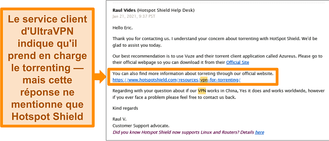 Capture d'écran d'une réponse par e-mail du support technique de Hotspot Shield concernant le torrent et son utilisation en Chine