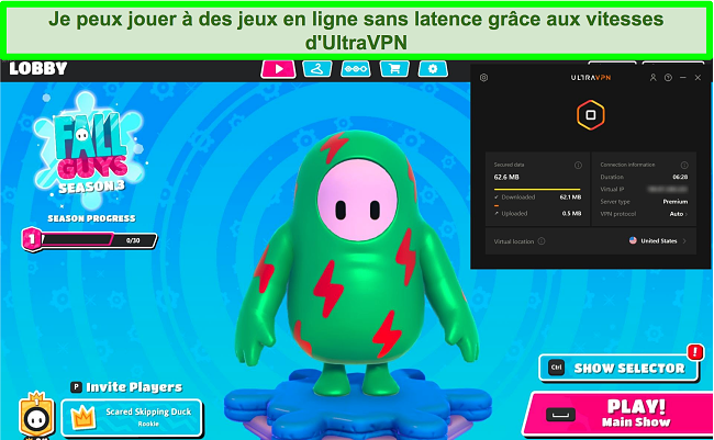 Capture d'écran de Fall Guys: Ultimate Knockout alors qu'UltraVPN est connecté à un serveur aux États-Unis