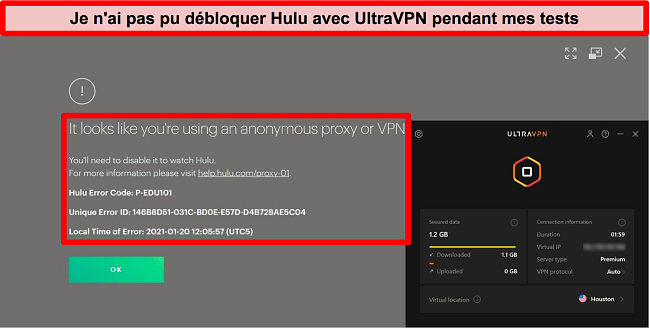 Capture d'écran de l'erreur IP proxy de Hulu alors qu'UltraVPN est connecté à un serveur aux États-Unis