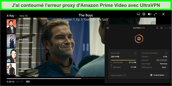 Capture d'écran de The Boys sur Amazon Prime Video alors qu'UltraVPN est connecté à un serveur aux États-Unis