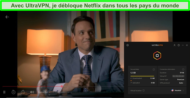 Capture d'écran de Cobra Kai jouant sur Netflix alors qu'UltraVPN est connecté à un serveur à Houston