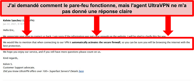 Capture d'écran d'un e-mail du support technique UltraVPN