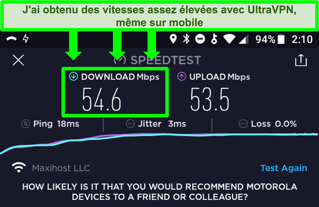 Capture d'écran d'un test de vitesse de connexion alors qu'UltraVPN est connecté sur un appareil Android