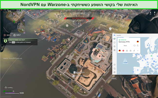 משחק Call of Duty: Warzone בזמן שהוא מחובר לשרת NordVPN גרמני.