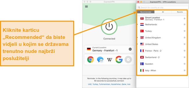 Snimka zaslona aplikacije ExpressVPN koja prikazuje preporučene poslužitelje