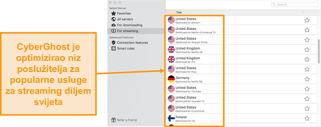 Snimka zaslona aplikacije CyberGhost za Mac koja prikazuje optimizirane poslužitelje za streaming