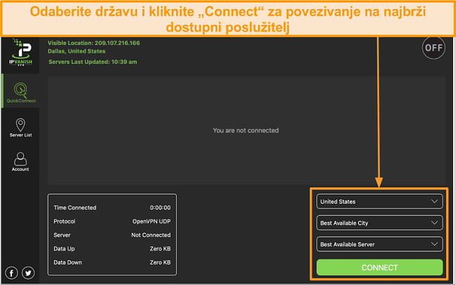Snimka zaslona sučelja aplikacije IPVanish i odjeljka 