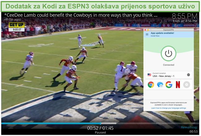 Snimka zaslona streaminga nogometa na ESPN3 s Kodijem