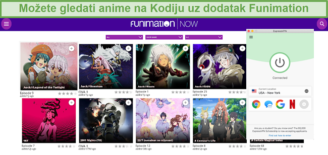 Snimka zaslona dostupnog sadržaja FunimationNOW na Kodi