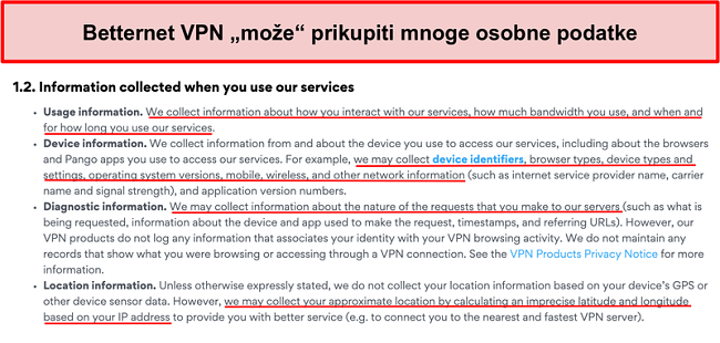 Snimka zaslona politike privatnosti Betternet VPN