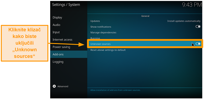 snimka zaslona kako instalirati kodi addon treće strane korak 4 uključivanje nepoznatih izvora