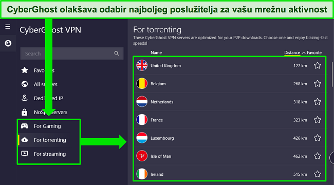 Snimka zaslona aplikacije CyberGhost za Windows, s naglaskom na odabir optimiziranih poslužitelja.