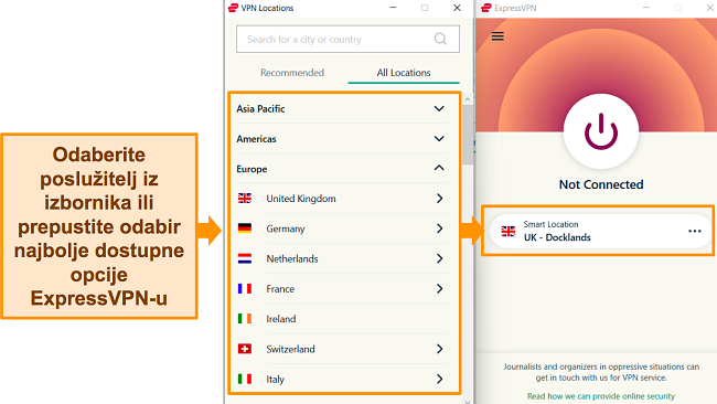 Snimka zaslona koja prikazuje ExpressVPN-ovu Windows aplikaciju i dostupni izbornik poslužitelja.