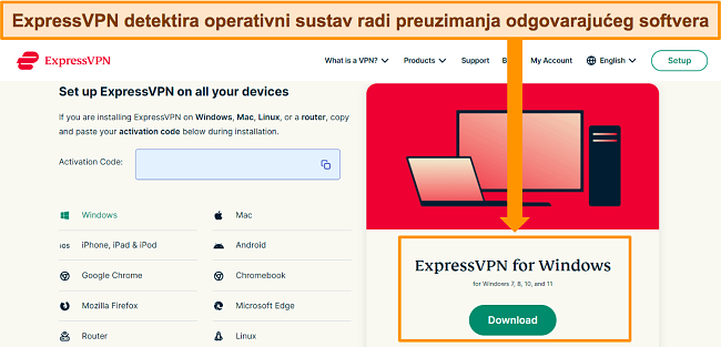 Snimka zaslona ExpressVPN-ove stranice za preuzimanje softvera na njegovoj web stranici.