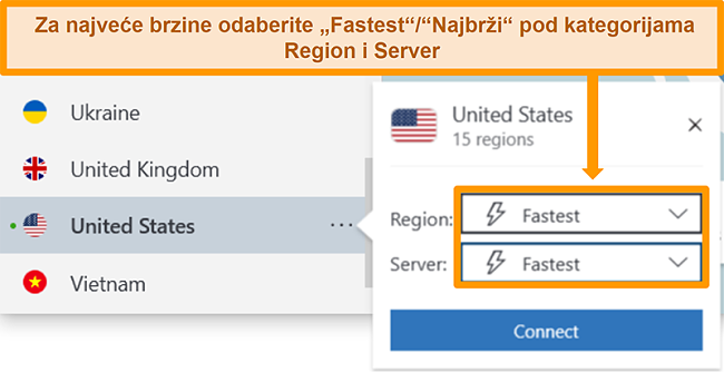 Snimka zaslona NordVPN-ovih opcija poslužitelja za SAD koja prikazuje najbržu regiju i poslužitelj