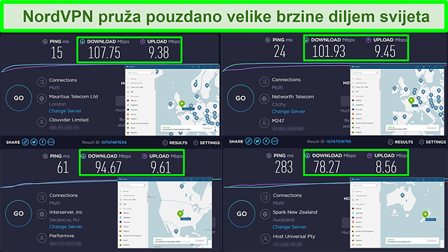 Snimke zaslona testova brzine s NordVPN-om povezanim s različitim globalnim poslužiteljima