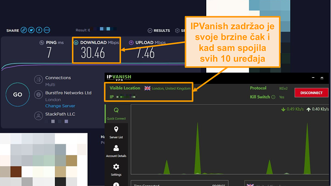 Snimka zaslona testa brzine s IPVanish vezom